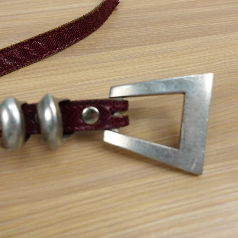 Women’s Burgundy Leather Slim Belt with Geometric Silver Buckle